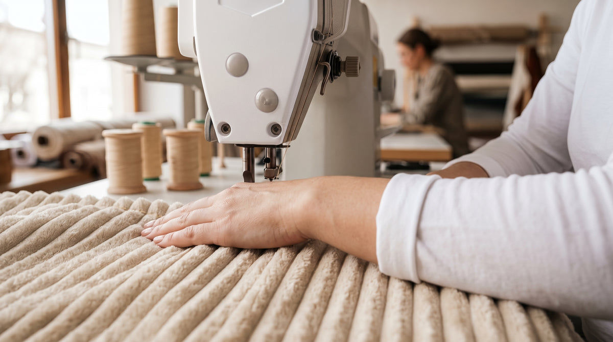 Hundebett aus beigem Cord entsteht an der Nähmaschine in der Näherei von 4L Textil