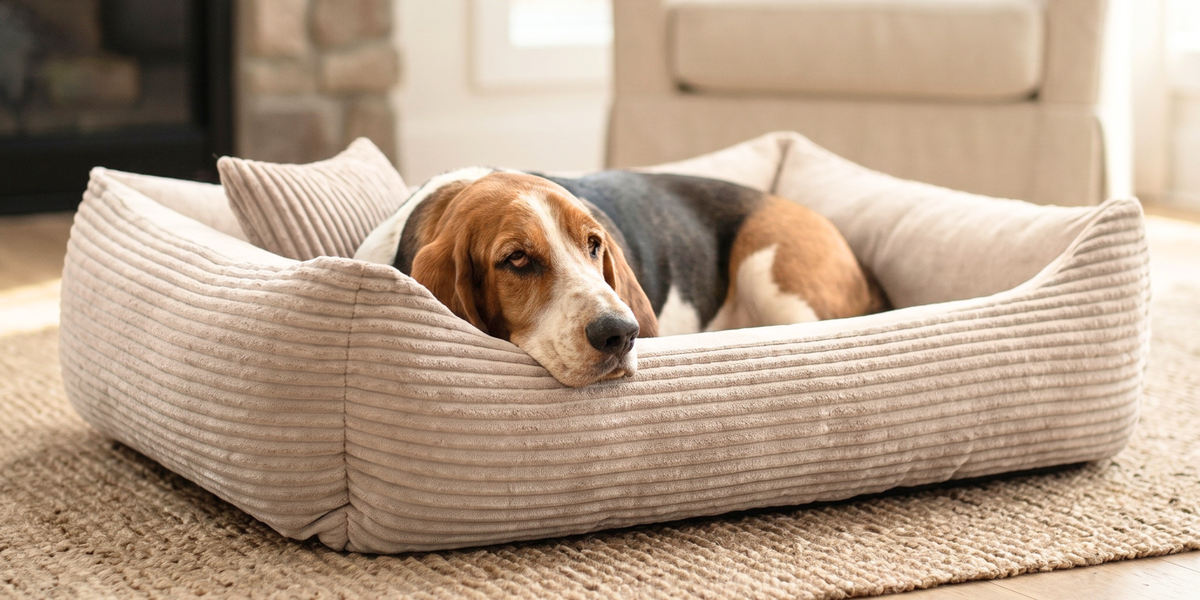 Basset liegt im MOLLY Hundebett aus Cord in Beige im Wohnzimmer
